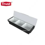 Stainless steel food warmer with three compartments and a protective sneeze guard, ideal for commercial kitchens and food service establishments. Durable construction for hygienic food display.