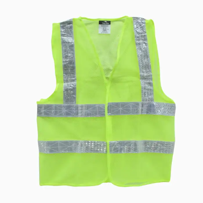 Hi-vis safety vest with reflective strips for construction, security, and event staff, high visibility personal protective equipment, lightweight and breathable for outdoor work.
