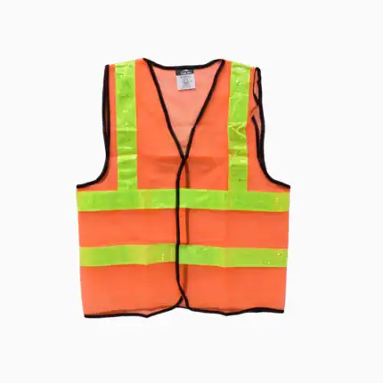 Reflective safety vest with high-visibility orange and neon yellow stripes, ideal for construction, traffic management, and safety compliance; versatile and durable for work environments.