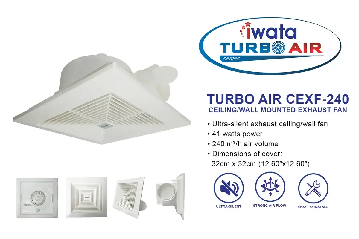 TURBO-AIR-CEXF-240 Ultra-silent ceiling and wall exhaust fan for hygienic commercial and industrial spaces, easy to install, with powerful airflow and energy-efficient operation by Beyond Hygiene Asia.