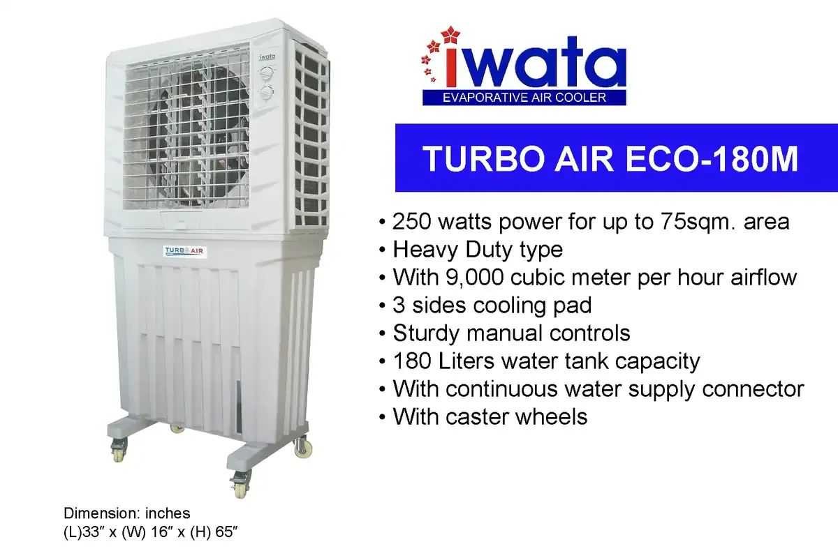 Iwata TURBO-AIR-ECO-180M Iwata turbo air eco-180m evaporative air cooler for large commercial spaces, energy-efficient cooling system, industrial portable air conditioning unit, Beyond Hygiene Asia industrial cooling solutions.