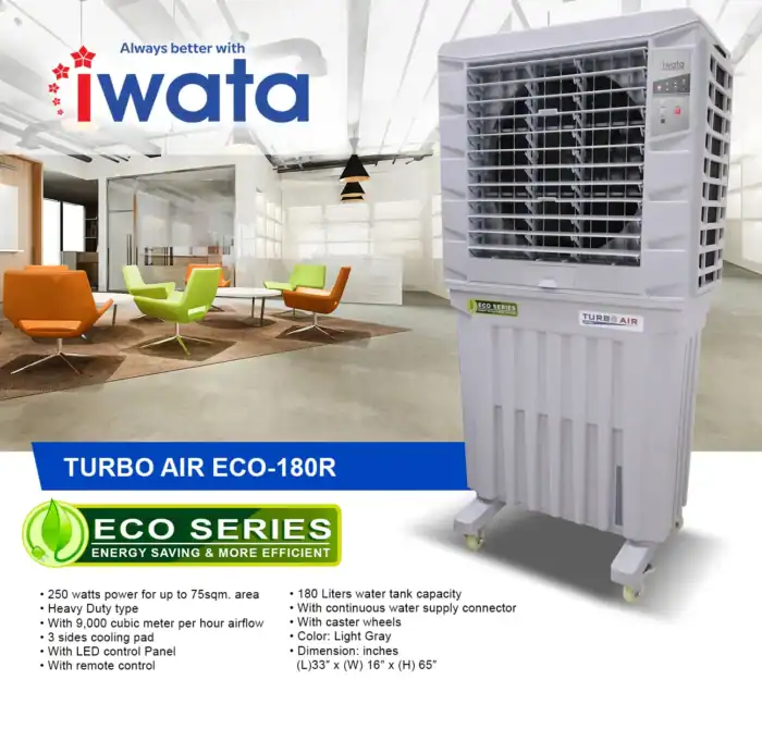 TURBO AIR ECO-180R evaporative cooler in a modern office space, showcasing energy-efficient, cooling solutions ideal for commercial environments from Beyond Hygiene Asia.
