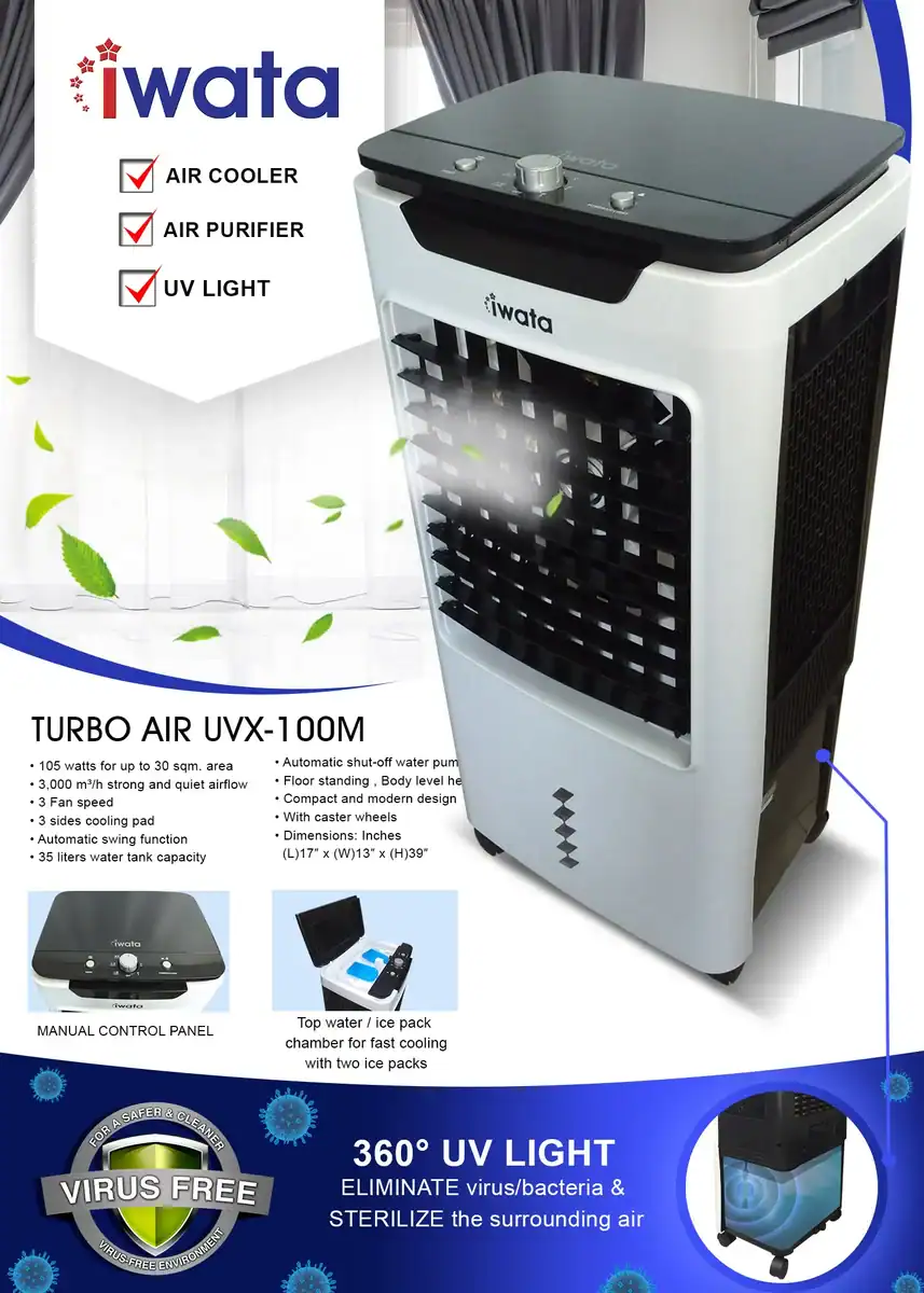 Iwata TURBO-AIR-UVX-100M IWata Turbo Air UVX-100M portable air cooler with UV sterilization, air purifier, and UV light features; ideal for hygienic indoor environments.