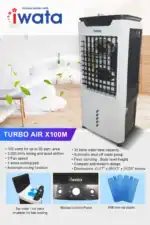 IWATA portable air cooler for office and home cooling, energy-efficient with high airflow, multiple fan speeds, and auto shut-off. Compact design, water tank, and optional ice packs for enhanced cooling performance.