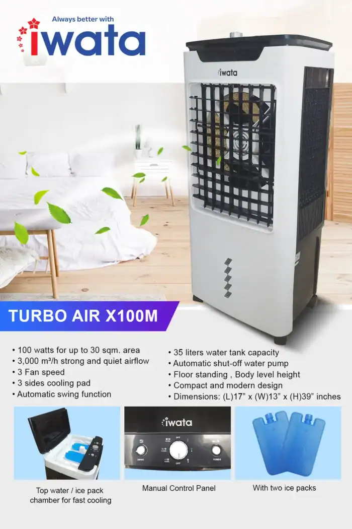 IWATA portable air cooler for office and home cooling, energy-efficient with high airflow, multiple fan speeds, and auto shut-off. Compact design, water tank, and optional ice packs for enhanced cooling performance.