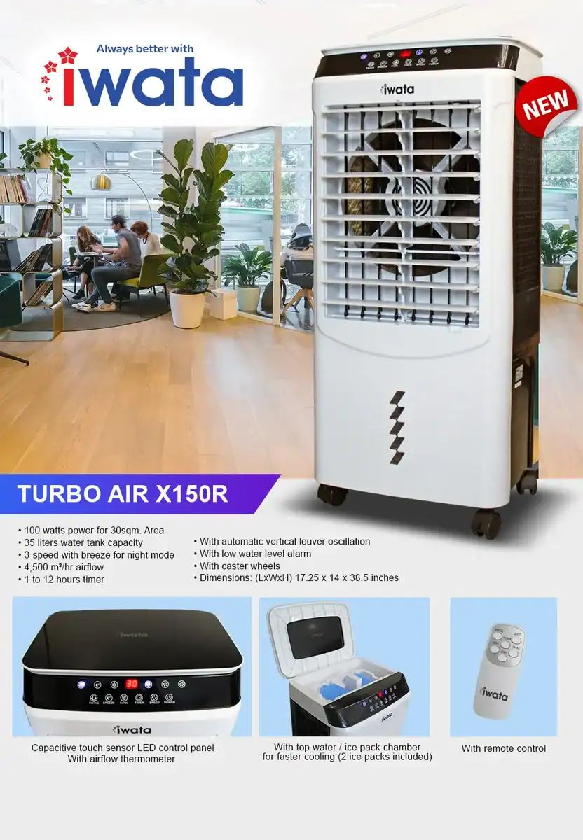 Iwata TURBO-AIR-X150R High-efficiency portable air cooler by Beyond Hygiene Asia, featuring Iwata technology, ideal for offices, with whisper-quiet operation, large water tank, and remote control for energy-efficient climate control.