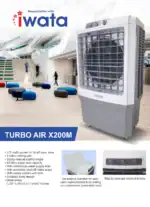 Cooling portable air cooler for large commercial spaces, featuring turbo air technology, manual control knobs, and high water tank capacity. Ideal for wellness, hygiene, and sanitation environments.