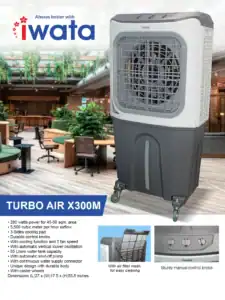 Turbo Air X300M portable air cooler for large indoor spaces, featured in an office or lounge area, providing efficient cooling and air circulation with multiple fan speeds and a water tank capacity of 85 liters.
