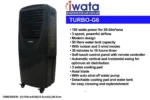 Portable evaporative air cooler Iwata Turbo-G6, ideal for spaces of 28-34m², with modern design, adjustable airflow, water tank, ionizer, and remote control.