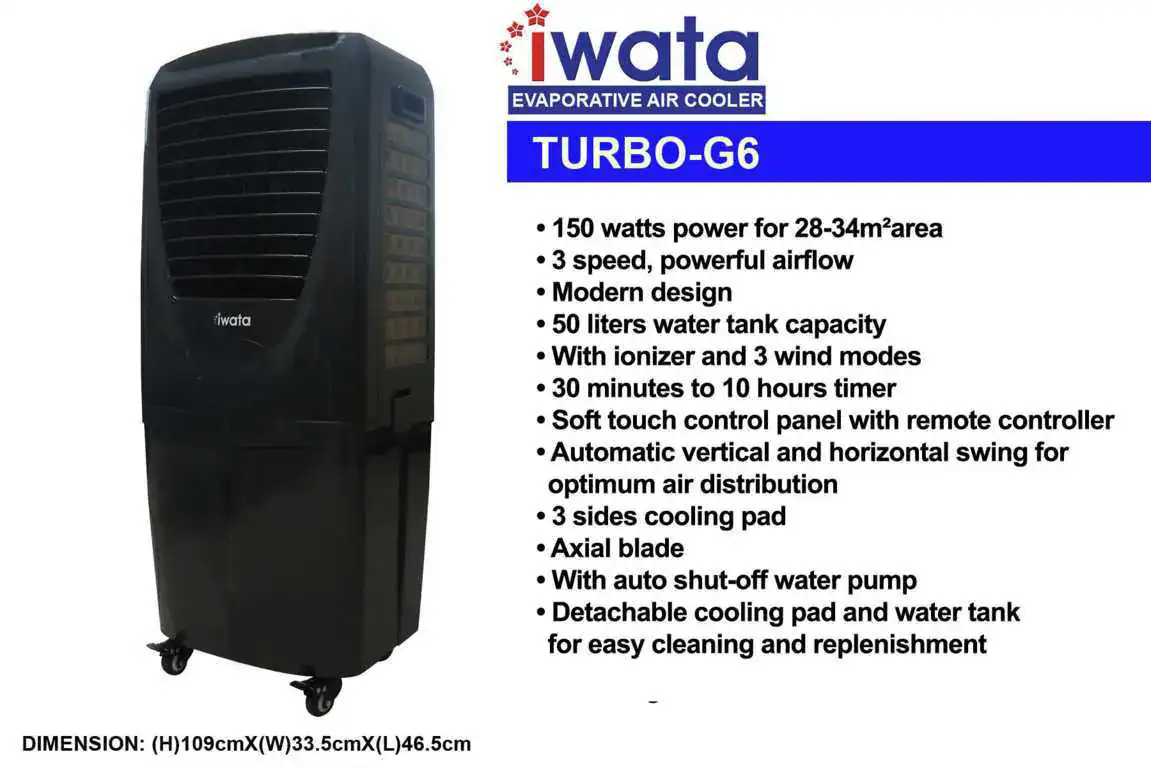 Iwata TURBO-G6 Portable evaporative air cooler Iwata Turbo-G6, ideal for spaces of 28-34m², with modern design, adjustable airflow, water tank, ionizer, and remote control.