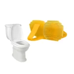 Toilet with yellow cleaning sponge and rubber gloves for hygiene cleaning and sanitation.