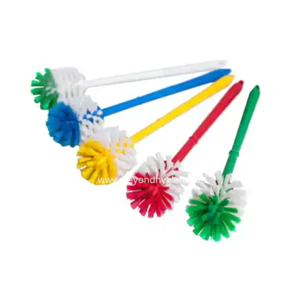 - Colorful cleaning scrubber brushes with long handles for effective sanitation and hygiene cleaning tasks.