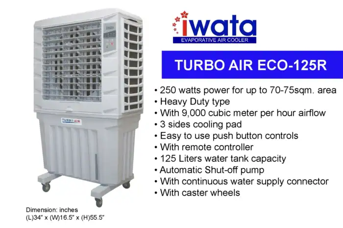 IWata Turbo Air Eco-125R Evaporative Air Cooler, heavy-duty, 250 watts, 70-75 sqm coverage, 9,000 cubic meter/hour airflow, with remote control and water tank, ideal for commercial cooling solutions.