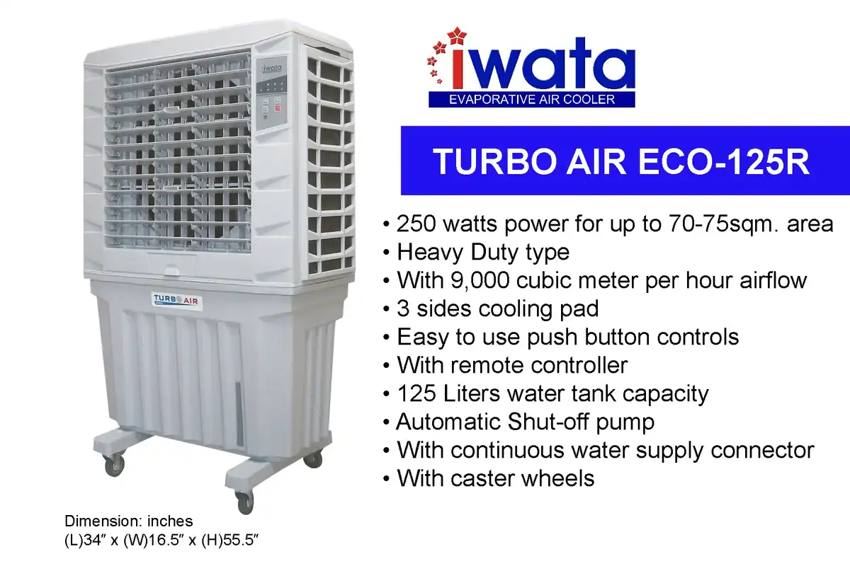 Iwata TURBO-AIR-ECO-125R IWata Turbo Air Eco-125R Evaporative Air Cooler, heavy-duty, 250 watts, 70-75 sqm coverage, 9,000 cubic meter/hour airflow, with remote control and water tank, ideal for commercial cooling solutions.