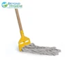Yellow janitor mop with a wooden handle and cleaning cloth, representing professional hygiene solutions.