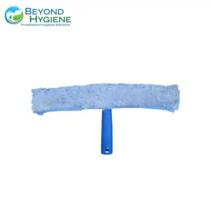 Blue microfiber cleaning mop head with handle for professional hygiene cleaning services.