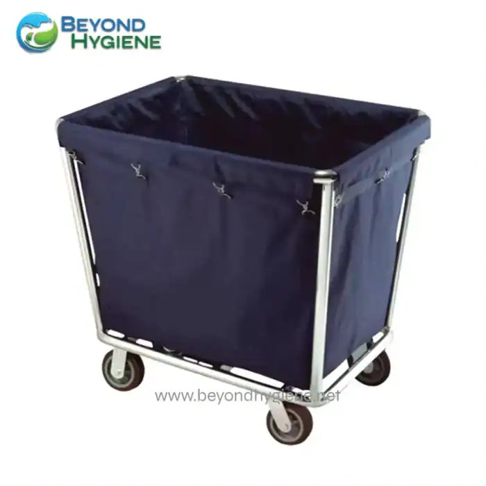 Heavy-duty linen or laundry cart with durable fabric cover and caster wheels for sanitation and hospital cleaning services. Suitable for hospitals and commercial laundry facilities.