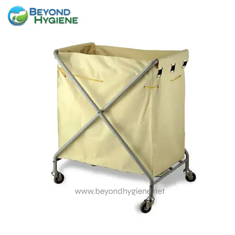 - Foldable laundry cart with durable fabric and sturdy metal frame, ideal for hospital or commercial linen management.
