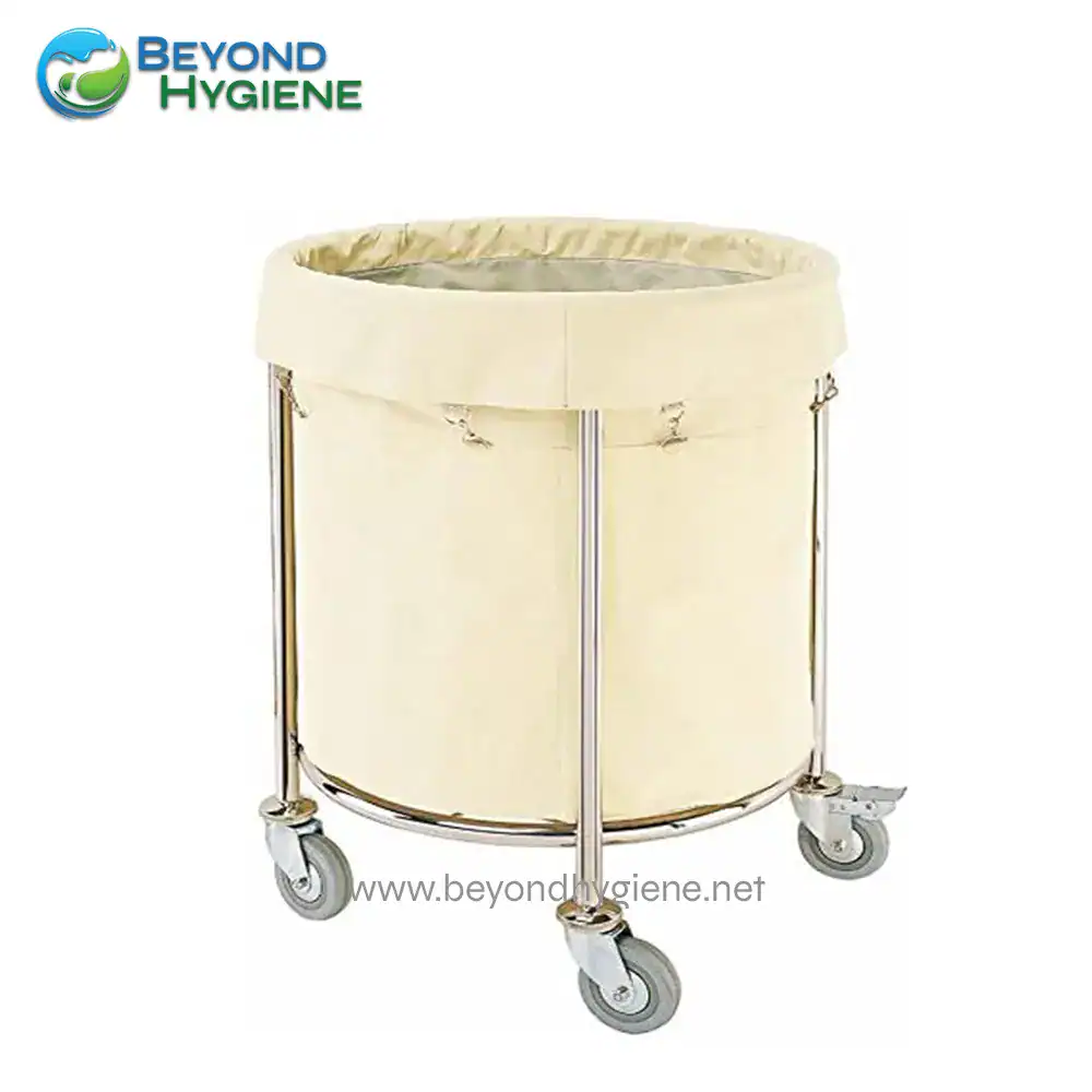 Cleaning trolley cart for hospital or medical use, with durable wheels and a spacious top surface for supplies. Designed for efficient hygiene and sanitation in healthcare settings.