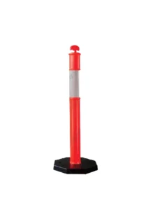 Warning cone with retractable reflective strip for safety and crowd control in public spaces.