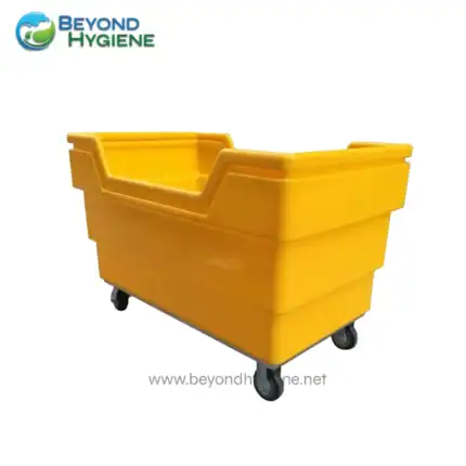 Yellow industrial cleaning cart for janitorial services and sanitation equipment.