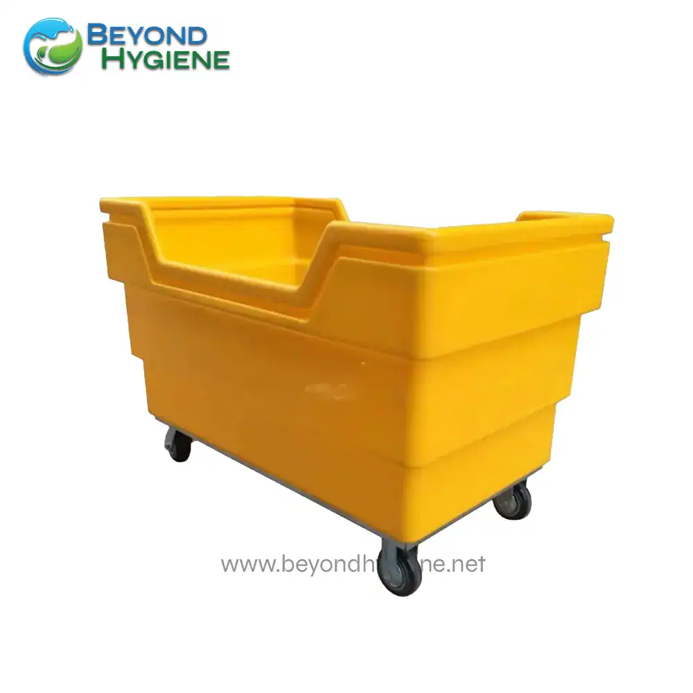 Yellow industrial cleaning cart for janitorial services and sanitation equipment.