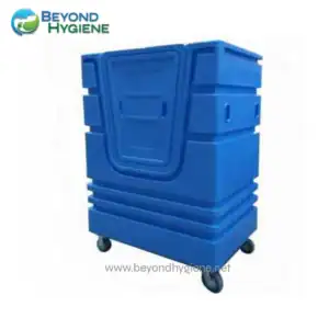 Blue portable cleaning cart for hygiene supply storage and transport, featuring multiple compartments and wheels, ideal for healthcare and sanitation services.