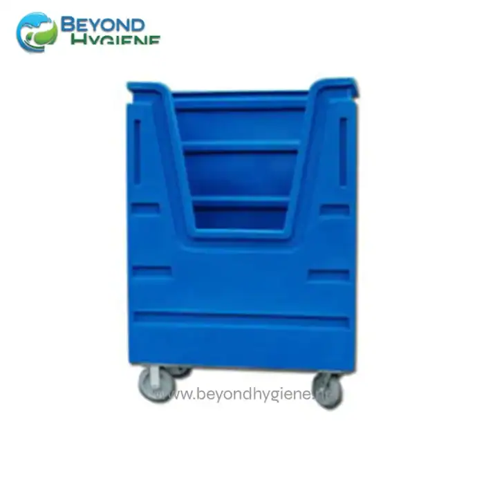 Blue industrial cleaning cart with wheels for janitorial supplies and hygiene equipment.