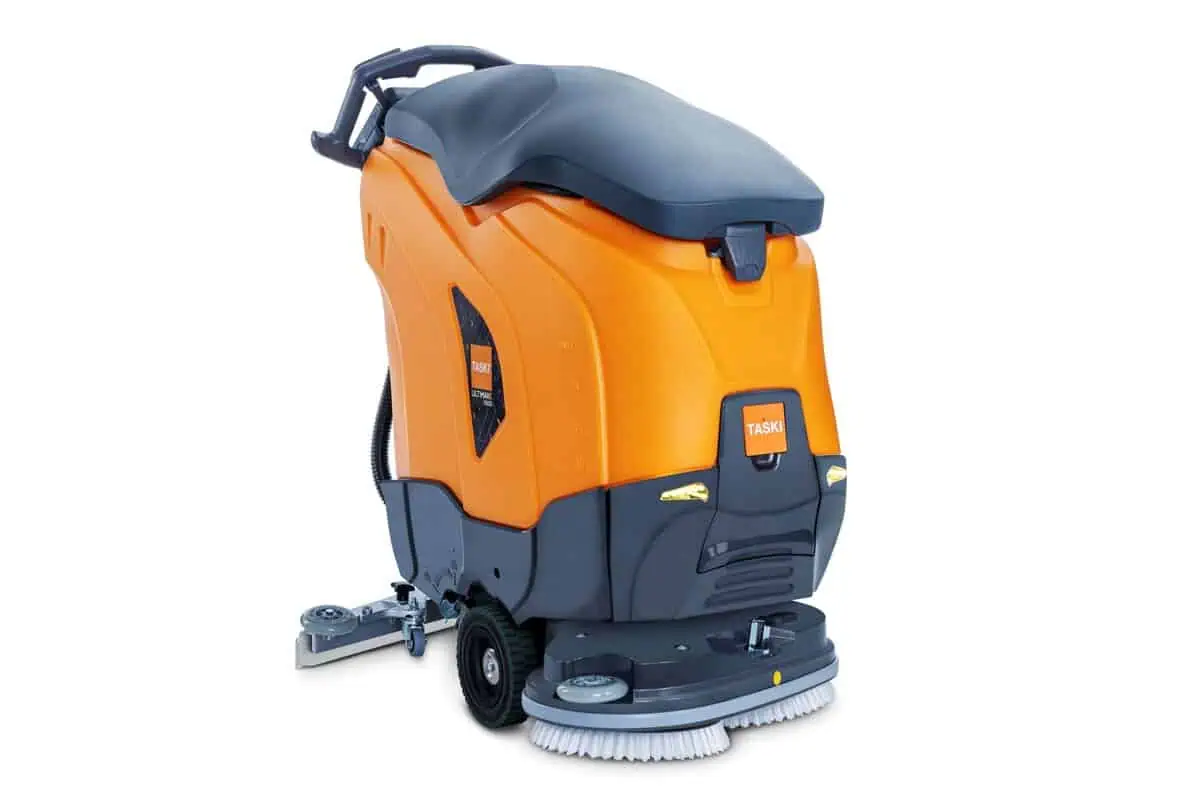 Robotic commercial floor cleaning machine with orange and black design, ideal for deep cleaning office and industrial floors, enhances hygiene standards with advanced cleaning technology.