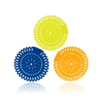 Blue, yellow, and orange silicone scrub brushes for hygiene and cleaning, designed for effective sanitation, featured by Beyond Hygiene Asia.