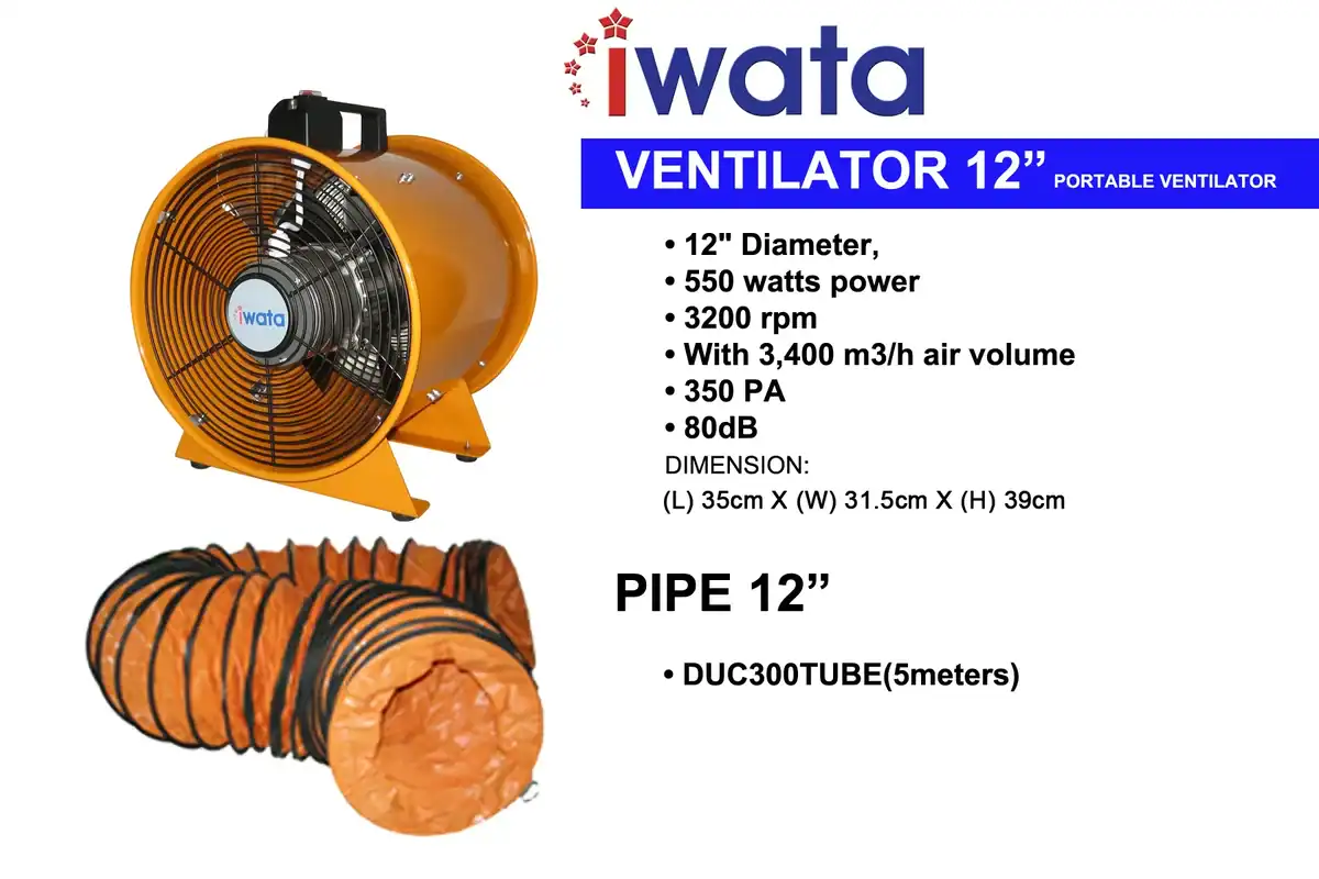 VENTILATOR 12″ Portable orange industrial ventilation fan with black grille, 12-inch diameter, high power for ventilation, suitable for industrial and commercial spaces.