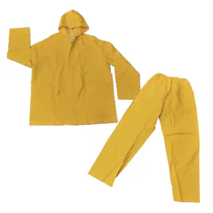 Yellow protective rain suit for hygiene and sanitation, waterproof jacket and pants, disposable PPE clothing for cleaning and industrial use, Beyond Hygiene Asia.