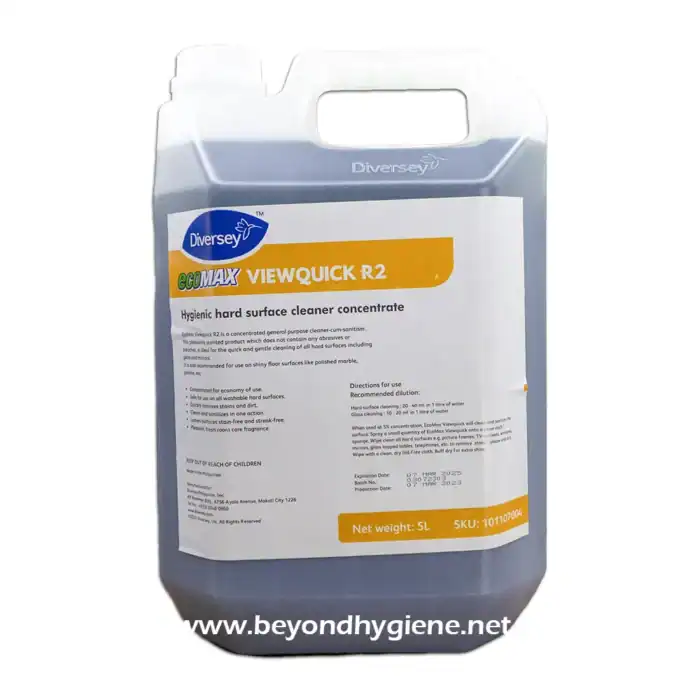Hygienic hard surface cleaner concentrate for industrial and commercial use, ideal for shiny floors like polished marble, granite, and tiles, offering effective cleaning and disinfection.