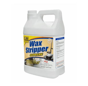 Power clean wax stripper supreme industrial cleaning detergent for commercial surface stripping and cleaning 1-gallon container of wax stripper detergent for heavy-duty floor cleaning and maintenance usage.