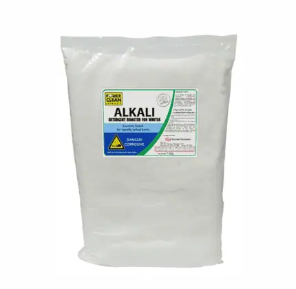 ALKALI laundry detergent booster for whites, heavy-duty cleaning, industrial laundry use, corrosion warning, Beyond Hygiene Asia.