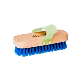 Scrubbing brush with wooden handle and blue bristles for cleaning, eco-friendly design for hygiene and sanitation.