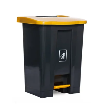 Trash bin with foot pedal for hands-free waste disposal, black and yellow color, ideal for office or commercial hygiene solutions, from Beyond Hygiene Asia.