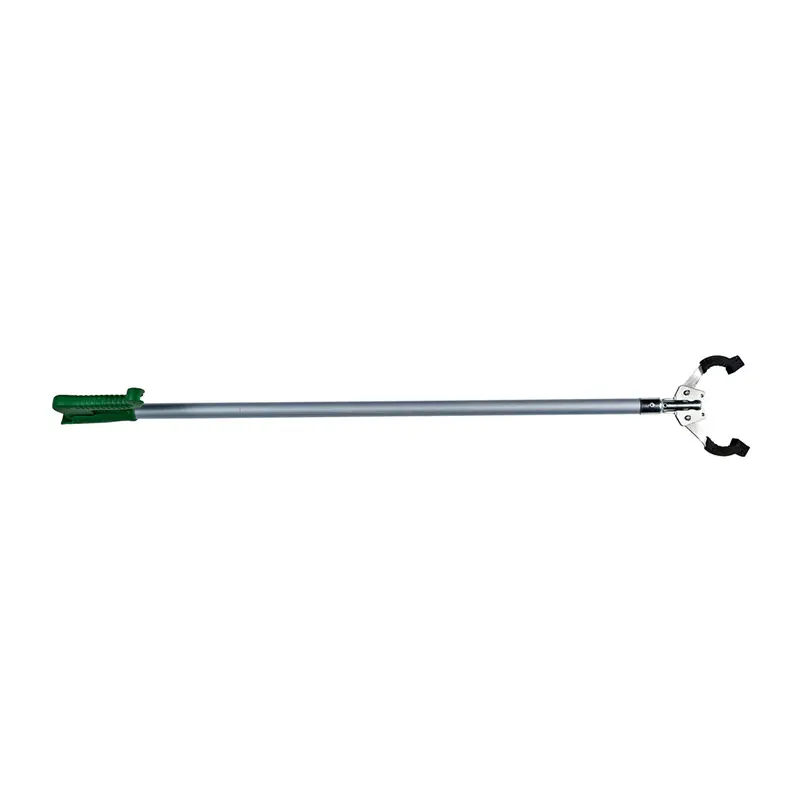 garbagepickclampfull Extendable cleaning tool with green handle and black rubber grips, ideal for hygiene maintenance and sanitation tasks. Perfect for commercial and industrial cleaning environments.