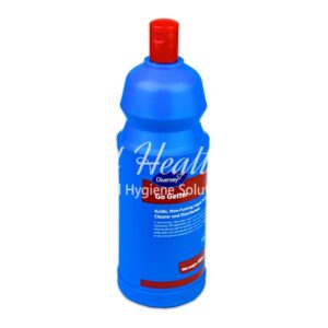 Hygiene and disinfectant liquid cleaner, blue bottle with red cap, used for sanitization, hand washing, and surface disinfection in healthcare and hospitality settings.
