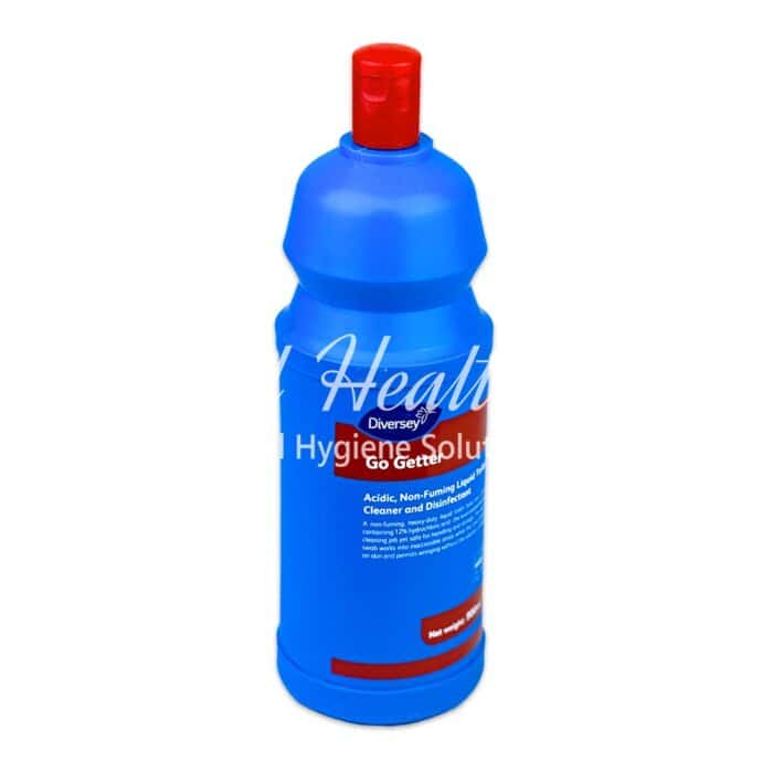 Hygiene and disinfectant liquid cleaner, blue bottle with red cap, used for sanitization, hand washing, and surface disinfection in healthcare and hospitality settings.