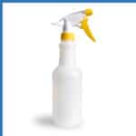 Plastic spray bottle for cleaning disinfectant or sanitizing solutions, ideal for hygiene maintenance and infection control in medical and hospitality settings.