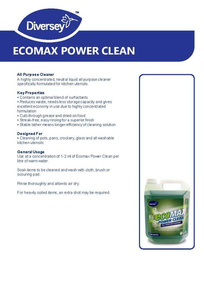 Deep cleaning kitchen utensils with Diversey Ecomax Power Clean all-purpose liquid cleaner.