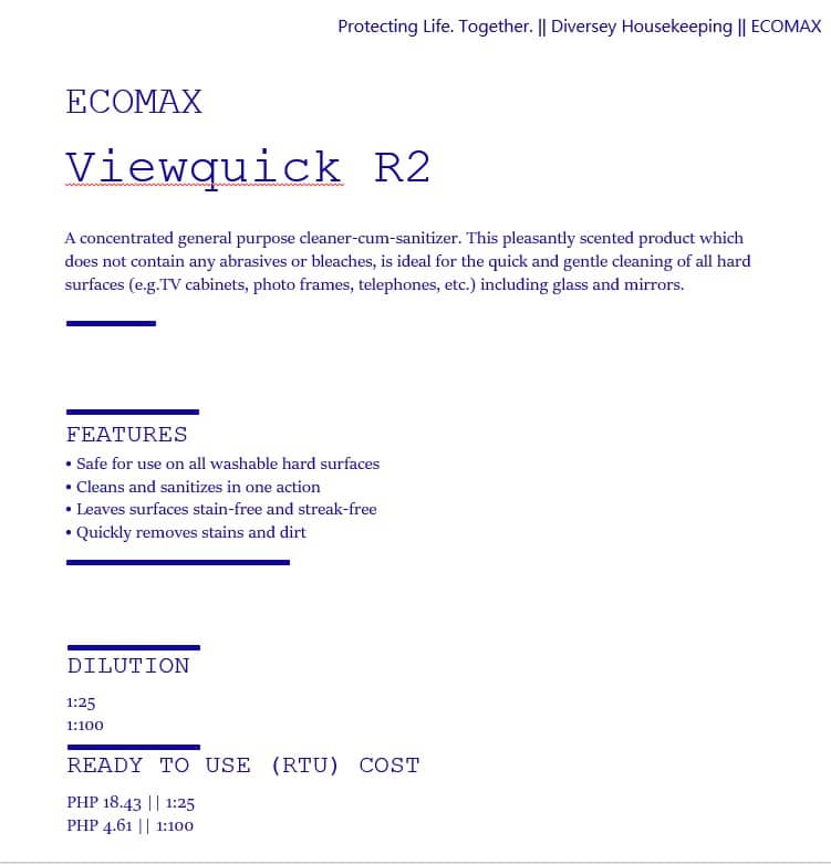 ginee_20240214150811556_3105919593.jpg Viewquick R2 disinfectant cleaner for hygiene, effective on all hard surfaces including glass and mirrors, offering stain removal, safety, and convenience for diverse household cleaning needs.