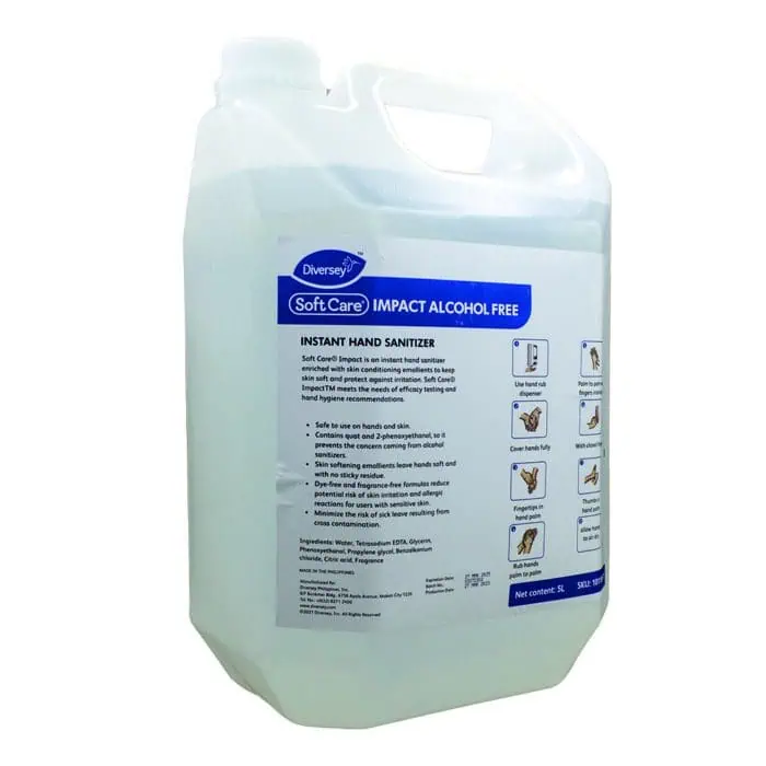 Alcohol-free hand sanitizer in a large 5L container, ideal for healthcare and hygiene settings.