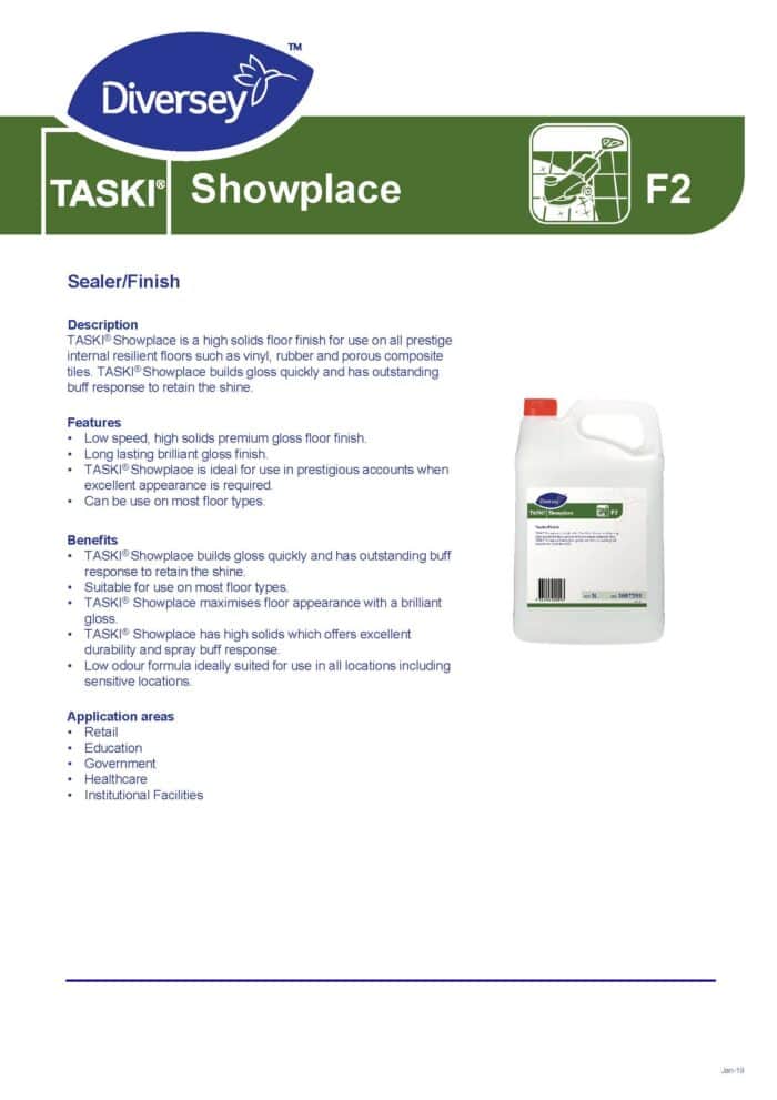 High solids floor finish for durable, glossy surfaces, ideal for retail, healthcare, and educational facilities, enhancing floor appearance and ensuring easy maintenance.