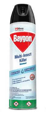 Baygon multi-insect killer water-based aerosol for household and garden use, kills mosquitoes, cockroaches, and houseflies, featuring aqua-based technology, helping prevent insect-borne diseases.