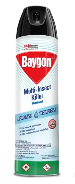 Baygon multi-insect killer water-based aerosol for household and garden use, kills mosquitoes, cockroaches, and houseflies, featuring aqua-based technology, helping prevent insect-borne diseases.