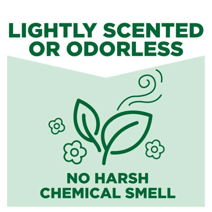 Lightly scented or odorless cleaning product label with eco-friendly plant icon and chemical-free emphasis.