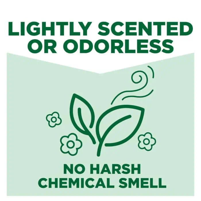 Lightly scented or odorless cleaning product label with eco-friendly plant icon and chemical-free emphasis.