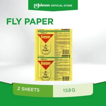 Fly paper for pest control, Baygon brand, 2-sheet pack, effective insect trap, used in domestic and commercial hygiene, part of Beyond Hygiene Asia's pest management solutions.